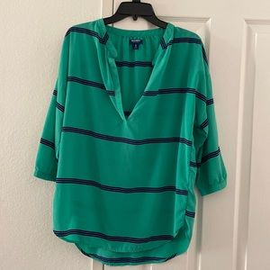 Green blouse with navy horizontal stripes